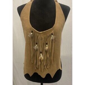 Vintage HB Native American Indian Leather Fringe Halter Crop Top Feather XL